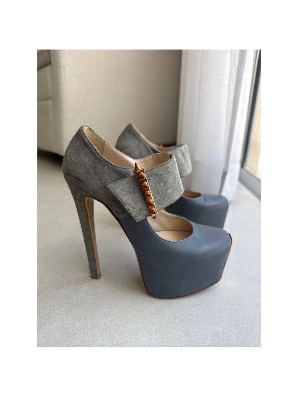 Ruthie Davis Gray Suede & Slate Leather Platform Pumps with Gold Studs